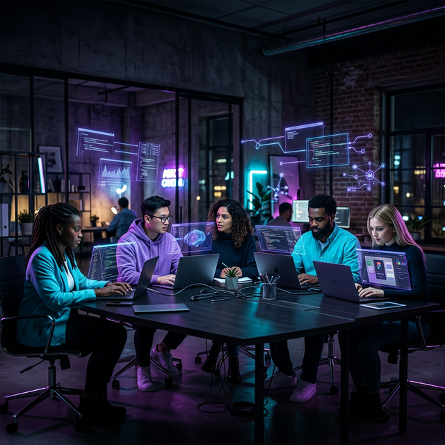 Студенты за ноутбуками в современном пространстве с неоновым освещением